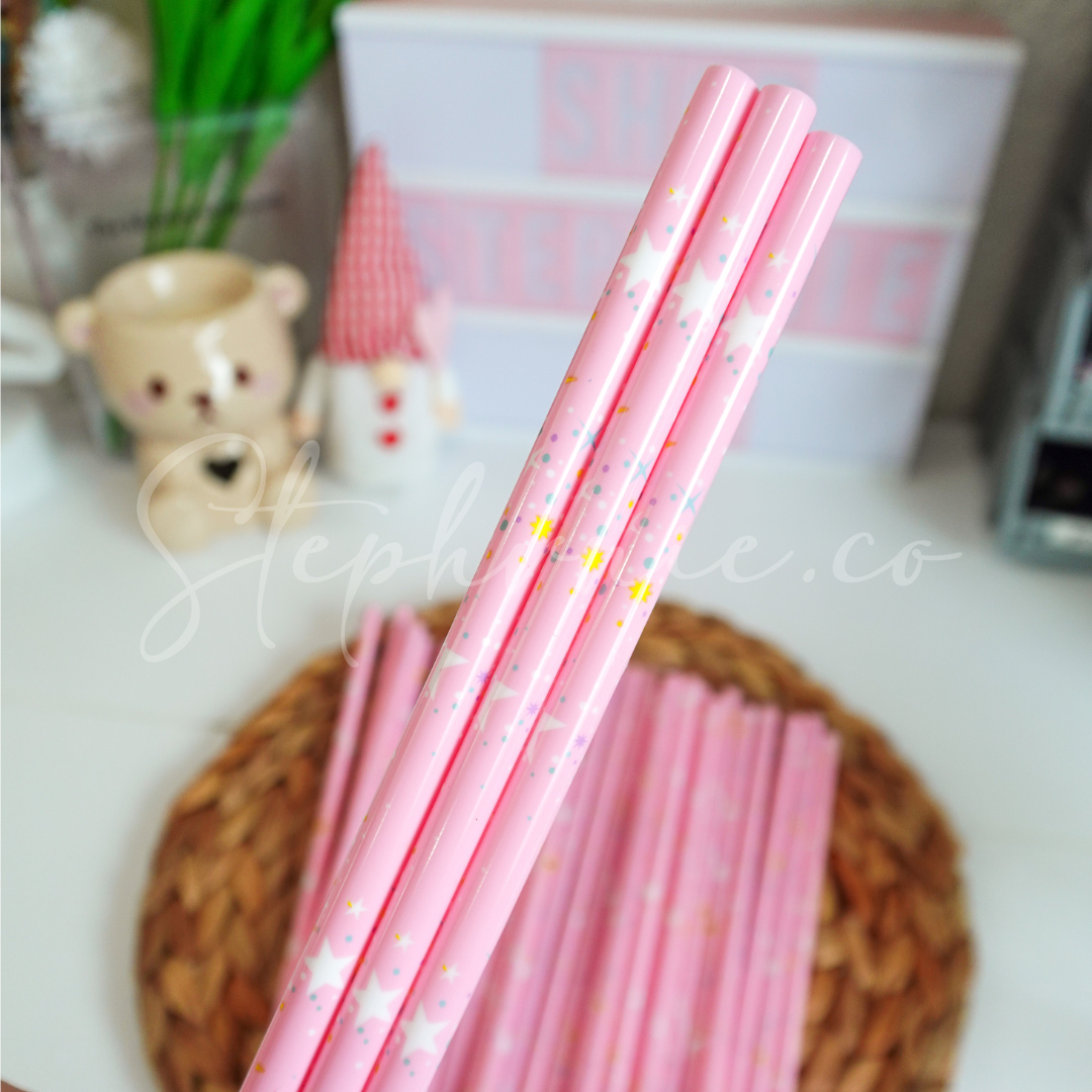 Pink Girly Star - Reusable Plastic Straw - 9 inch