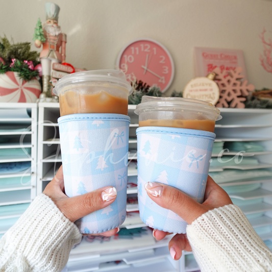 Baby Blue X-mas Bow Gingham - Cup Sleeve