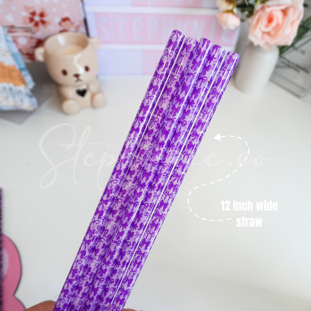 Purple Bows - Wide Straw - Color Changing Reusable Plastic Straw - 12 inch