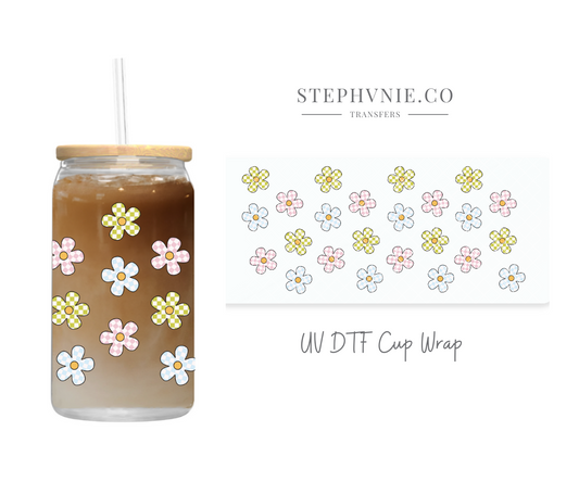 Cute Checkered Flowers - 16oz UV DTF Cup Wrap