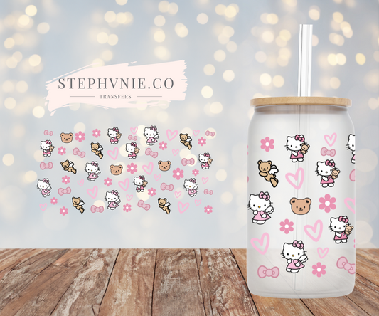 HK Kitty Bear Hearts (Clear Film) - 16oz Cup Wrap Kawaii