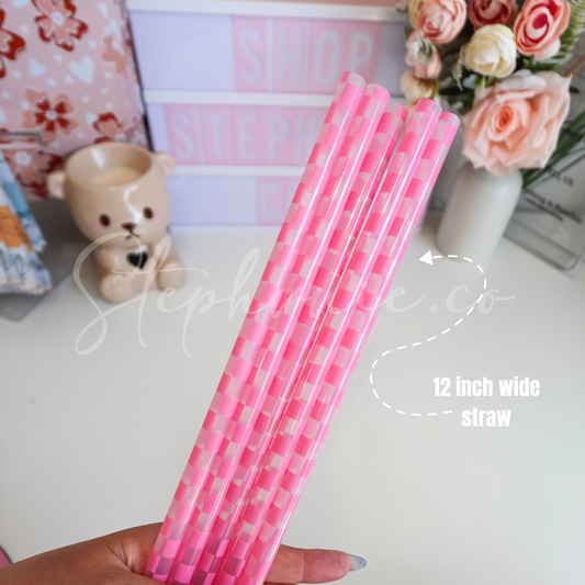 Pink Checkered - Wide Straw - Color Changing Reusable Plastic Straw - 12 inch