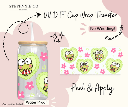 Kawaii Frog Green Hearts - 16oz Cup Wrap (Clear Film)