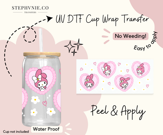 Kawaii Rabbit Pink Hearts - 16oz Cup Wrap (Clear Film)