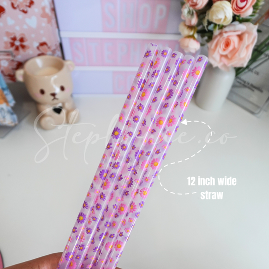 Purple Daisy - Wide Straw - Color Changing Reusable Plastic Straw - 12 inch
