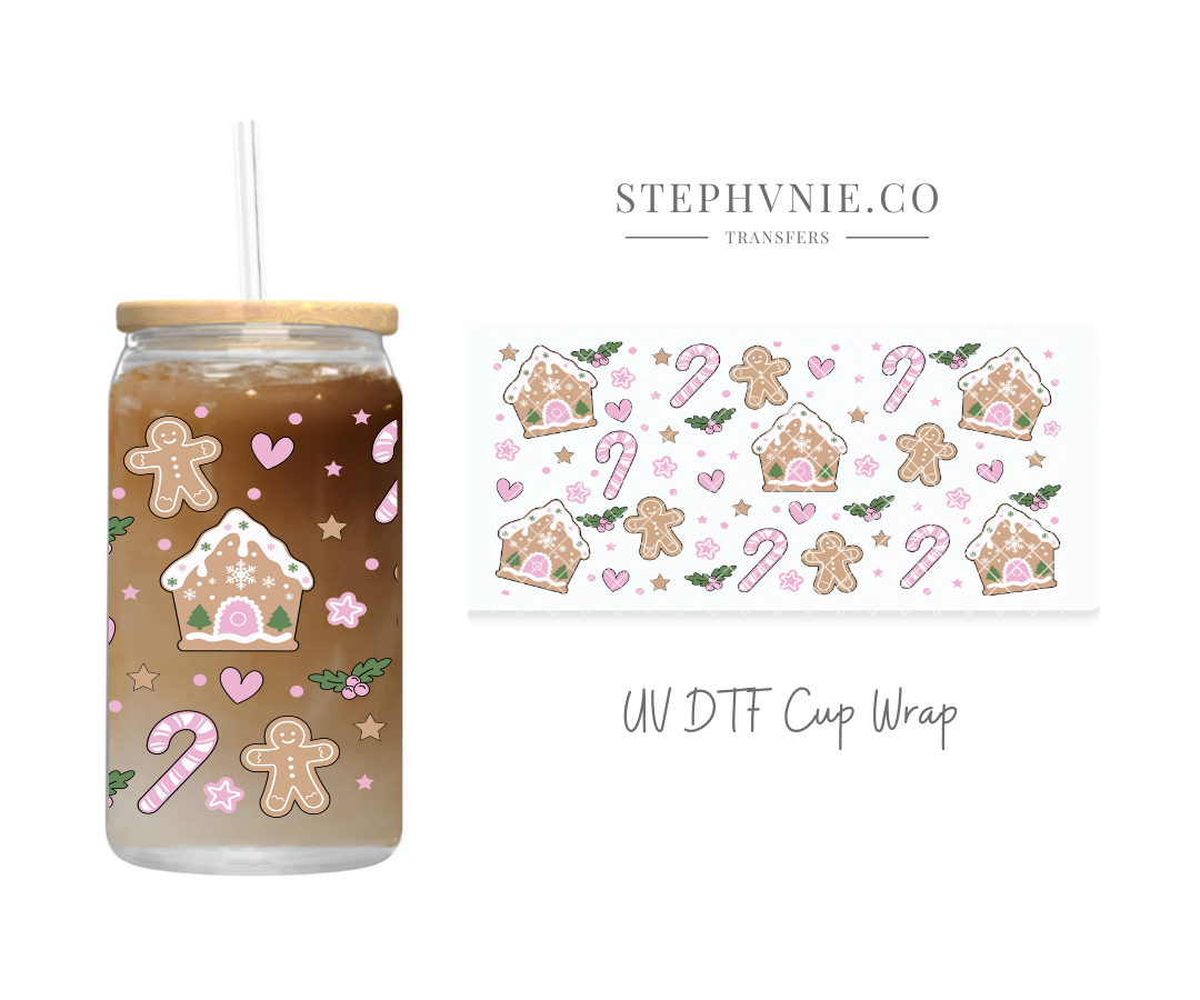 Pink Gingerbread House - 16oz UV DTF Cup Wrap