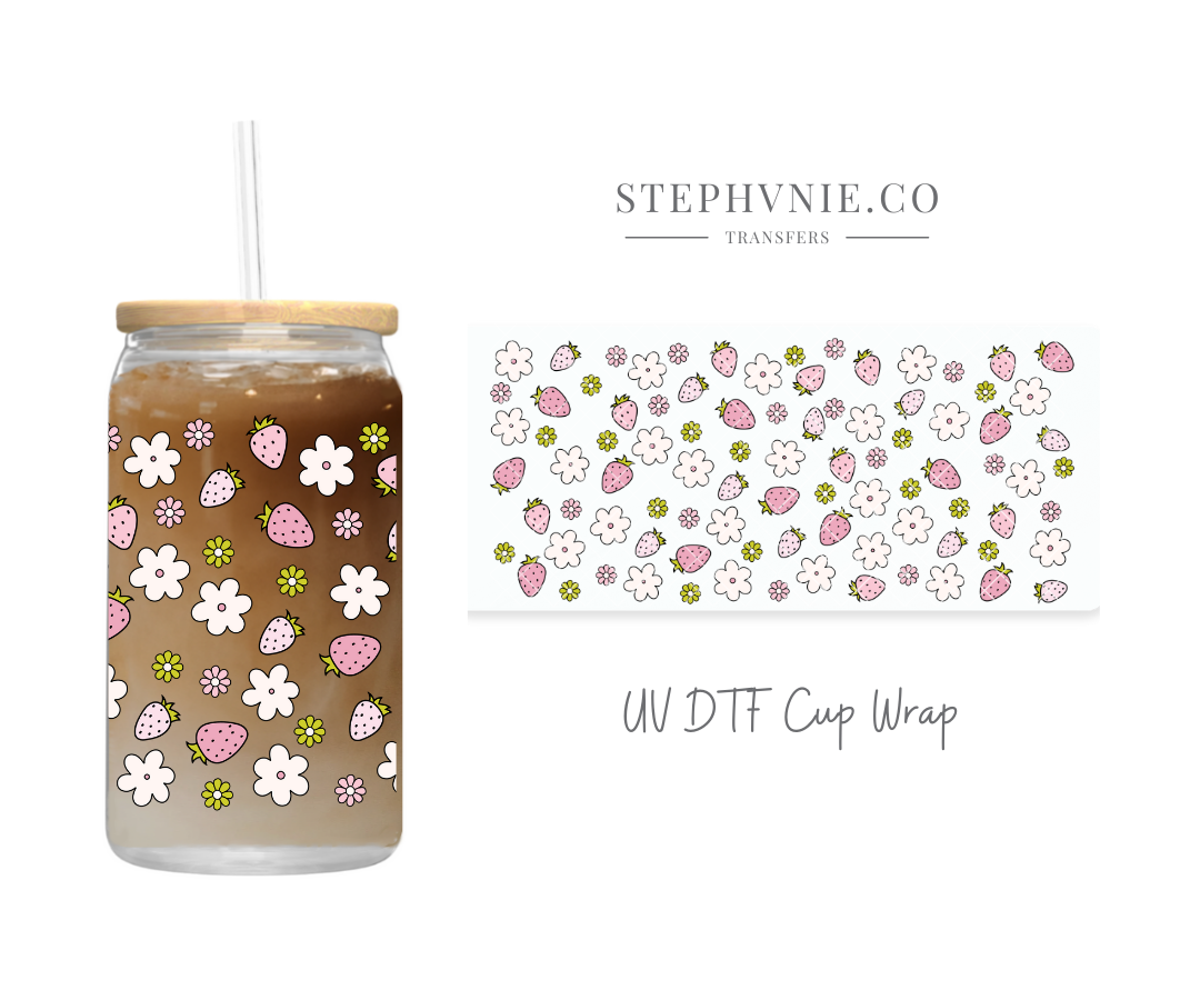 Pink Strawberry Flowers - 16oz Cup Wrap