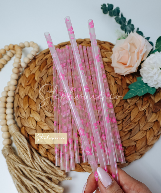 Cherry Blossom Flower Reusable Plastic Straw - 10 inch