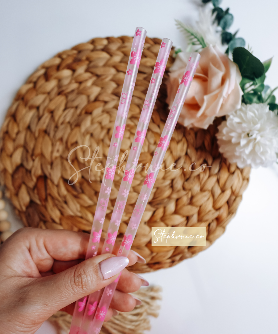 Cherry Blossom Flower Reusable Plastic Straw - 10 inch