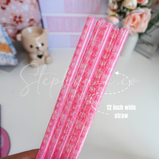 Pink Bows - Wide Straw - Color Changing Reusable Plastic Straw - 12 inch