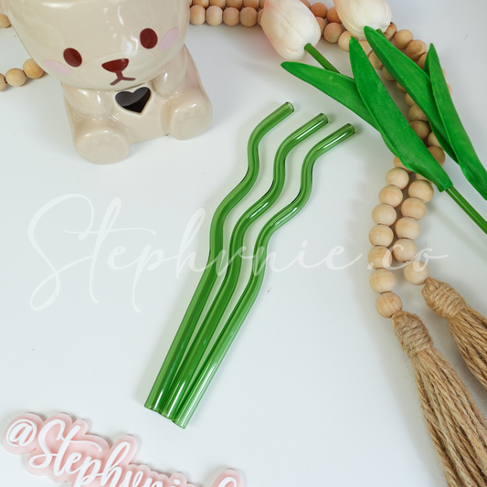 Green Wavy Glass Straws - Reusable