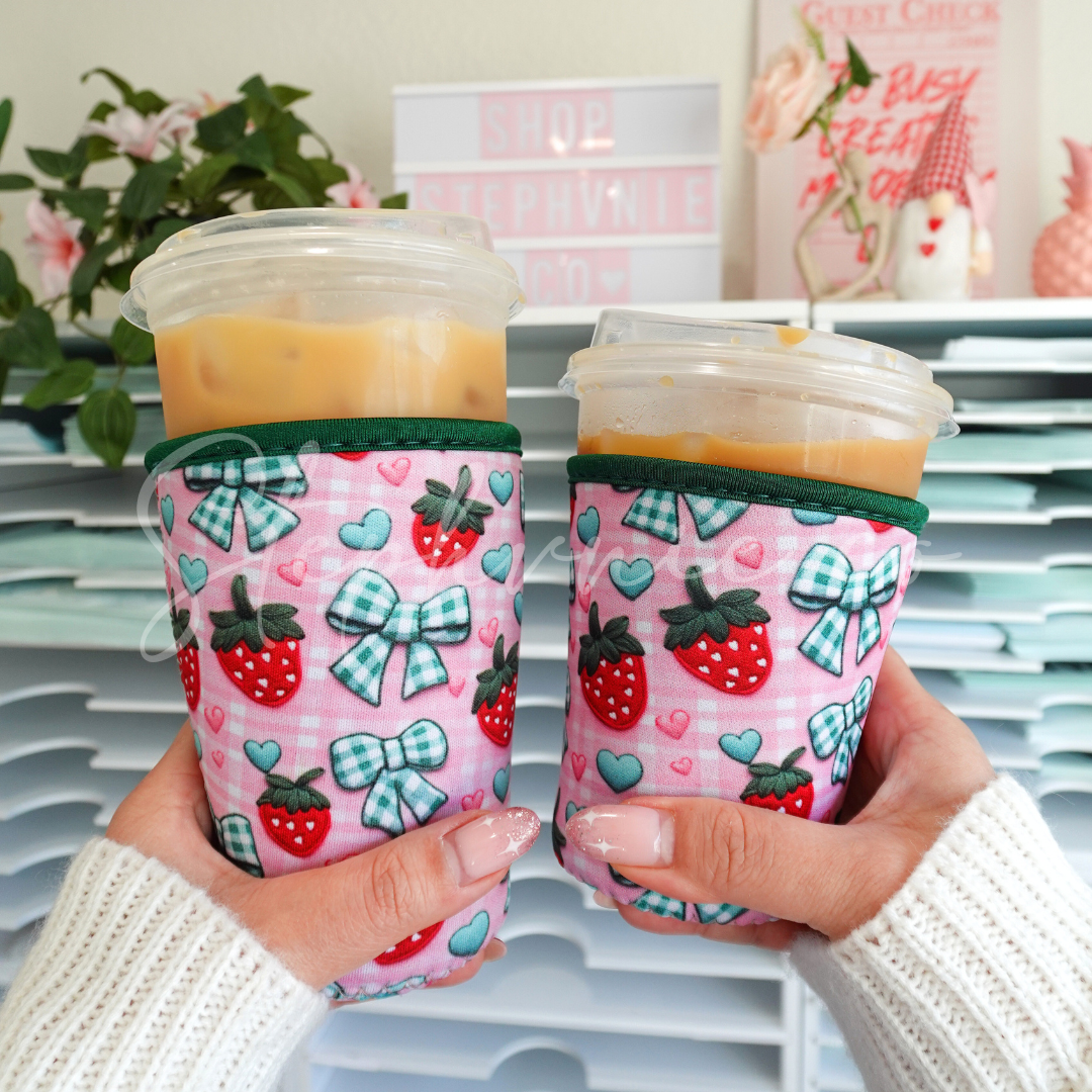 Strawberry Checkered Bows - Cup Sleeve