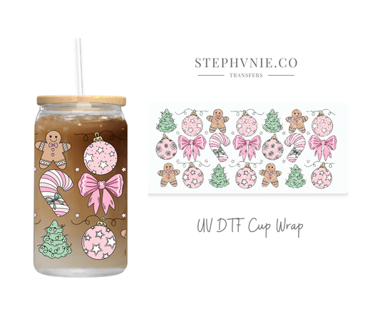 Pink X-mas Ornaments - 16oz UV DTF Cup Wrap