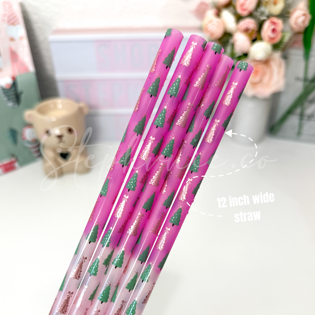 X-mas Tree - Pink Wide Straw - Color Changing Reusable Plastic Straw - 12 inch