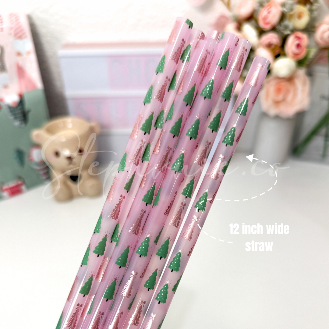 X-mas Tree - Pink Wide Straw - Color Changing Reusable Plastic Straw - 12 inch