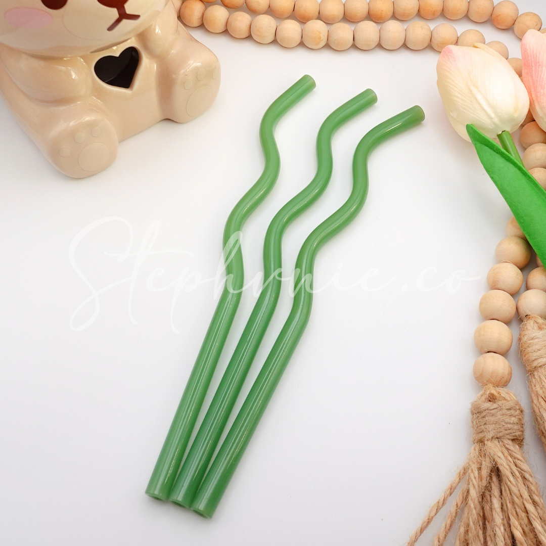 Dark Green Jade Wavy Glass Straws - Reusable