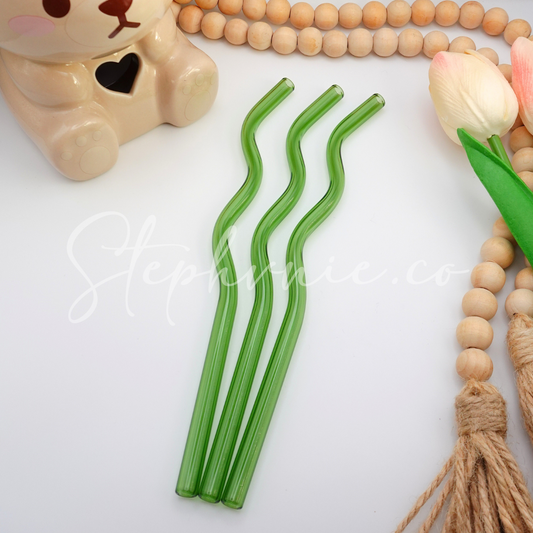 Green Wavy Glass Straws - Reusable