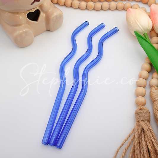 Light Blue Wavy Glass Straws - Reusable