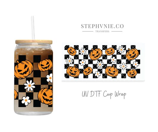 Checkered Pumpkin- 16oz UV DTF Cup Wrap