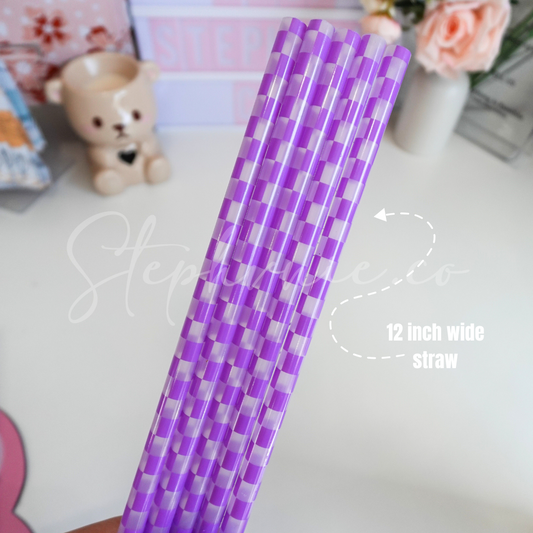 Purple Checkered - Wide Straw - Color Changing Reusable Plastic Straw - 12 inch