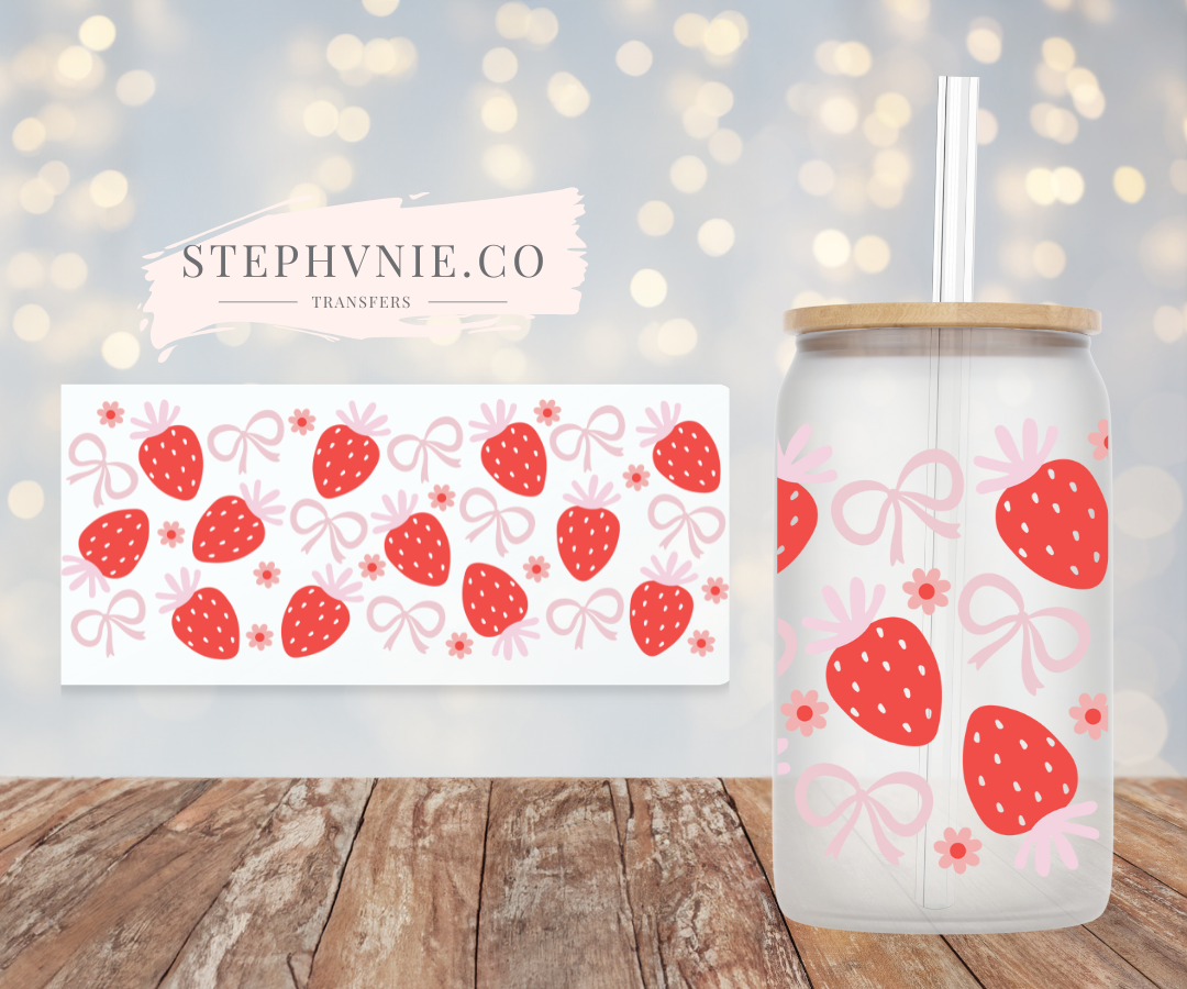 Strawberry Coquette Bow- 16oz Cup Wrap (Clear Film)