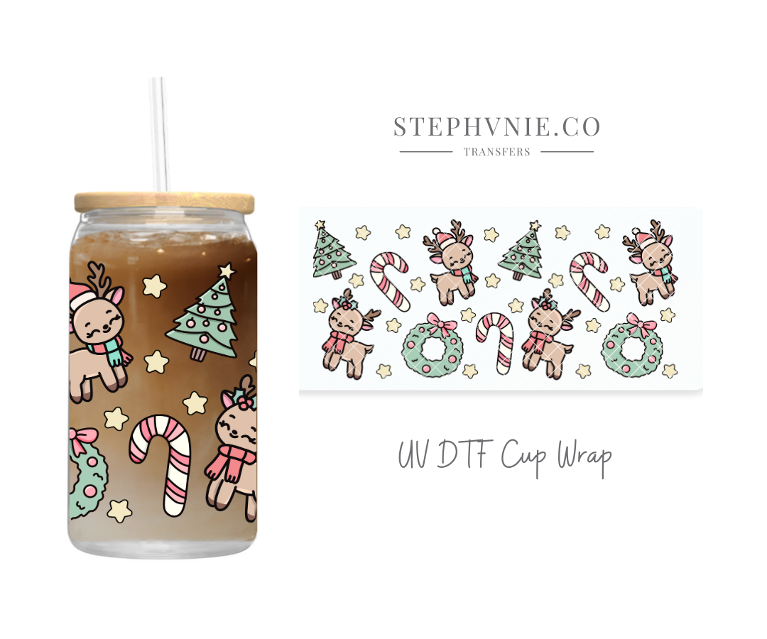 Reindeer Candy Cane  - 16oz UV DTF Cup Wrap