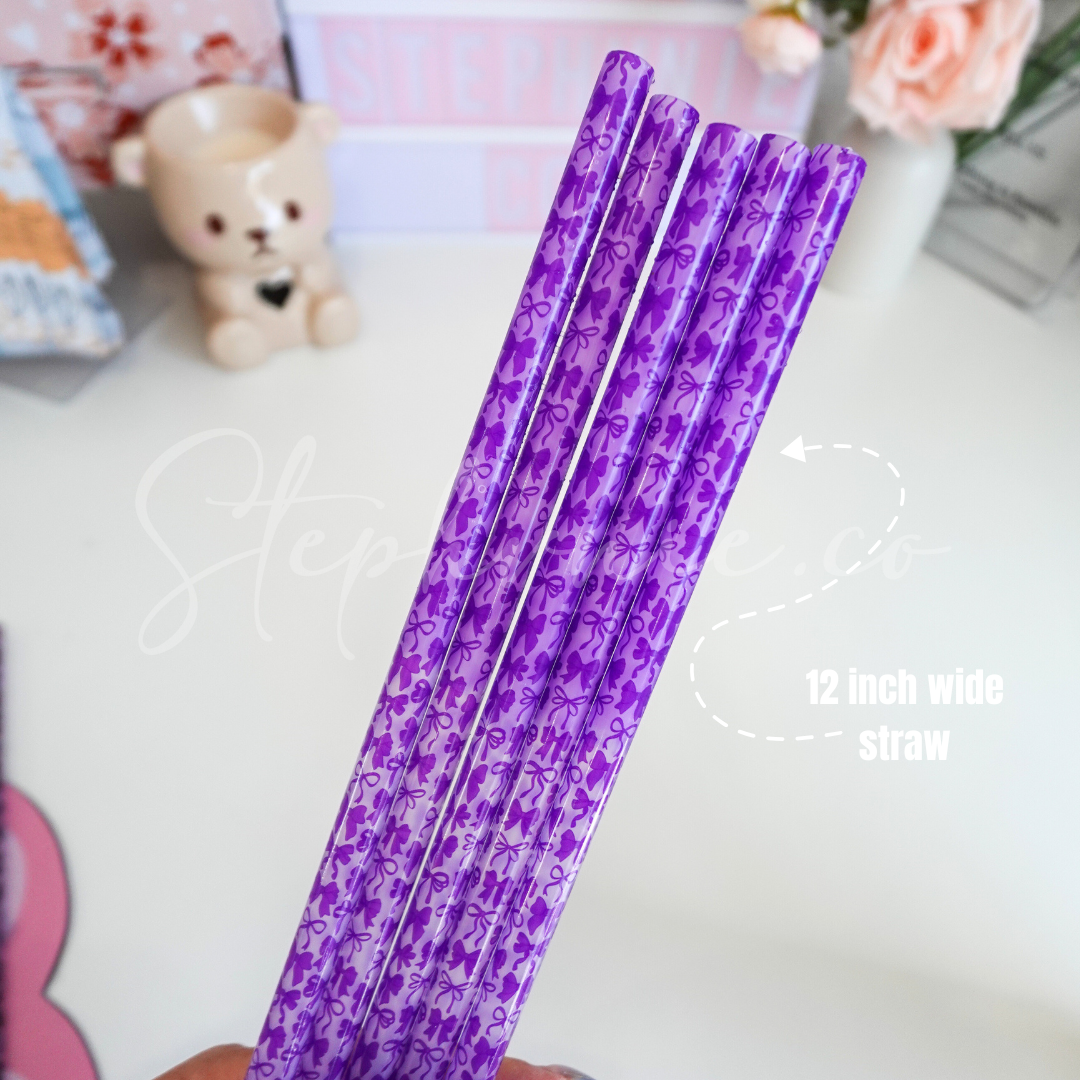 Purple Bows - Wide Straw - Color Changing Reusable Plastic Straw - 12 inch