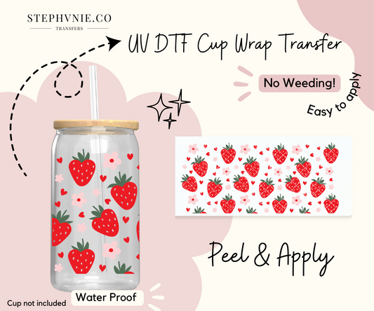 Strawberry Hearts - 16oz Cup Wrap (Clear Film)