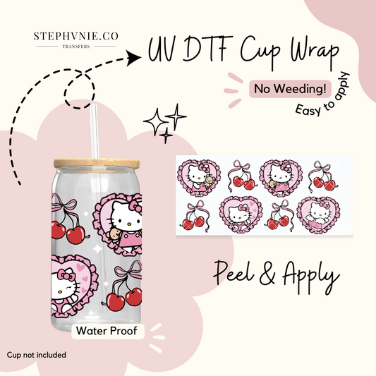 Kitty Cherry Coquette Bow Kawaii - 16oz Cup Wrap (Clear Film)